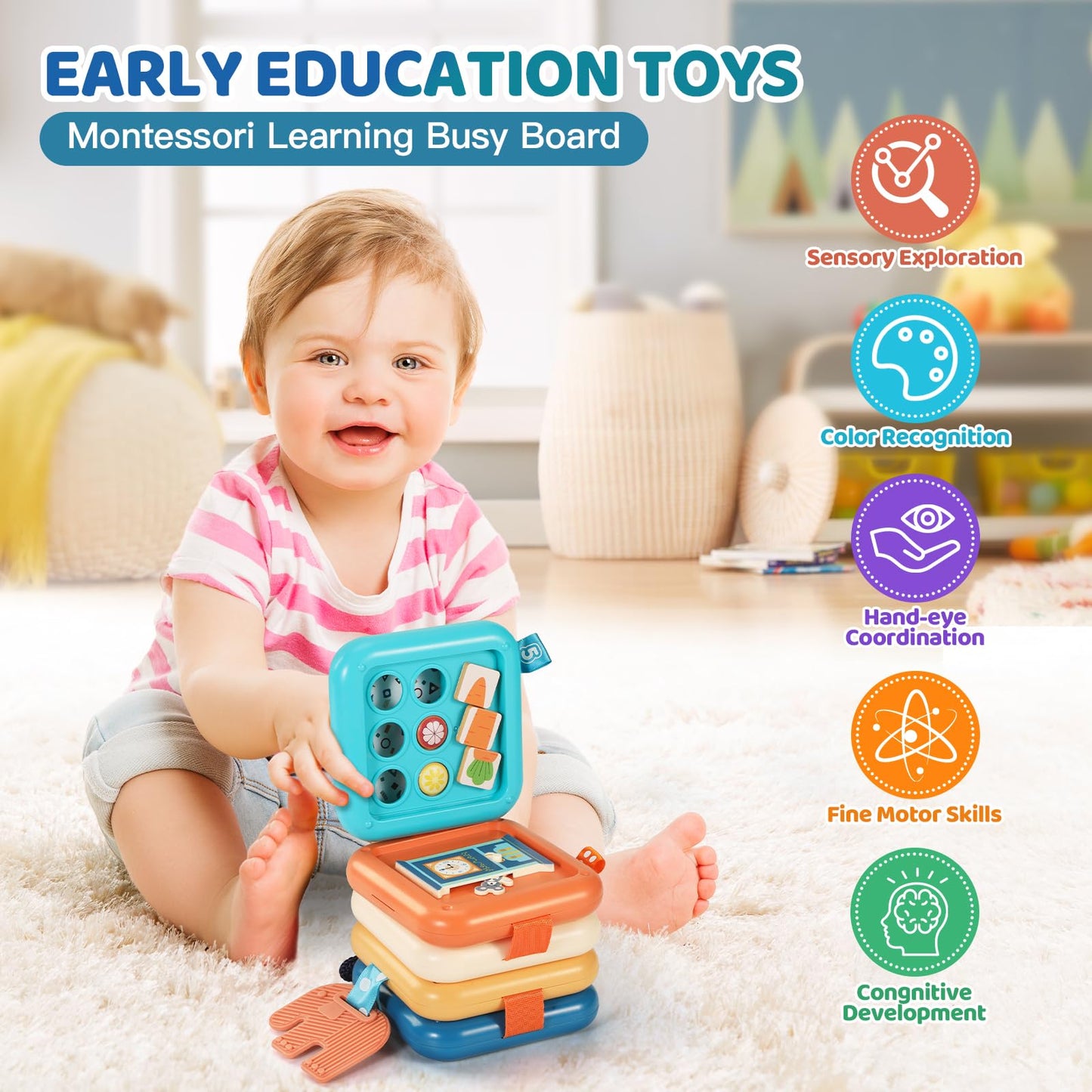 Dilovely Busy Board for 1 Year Old, Travel Toys for Toddlers 1-3, Montessori Busy Board - Car Airplane Essentials, Sensory Activity Cube Birthday Gifts for Baby Infant Boy Girl