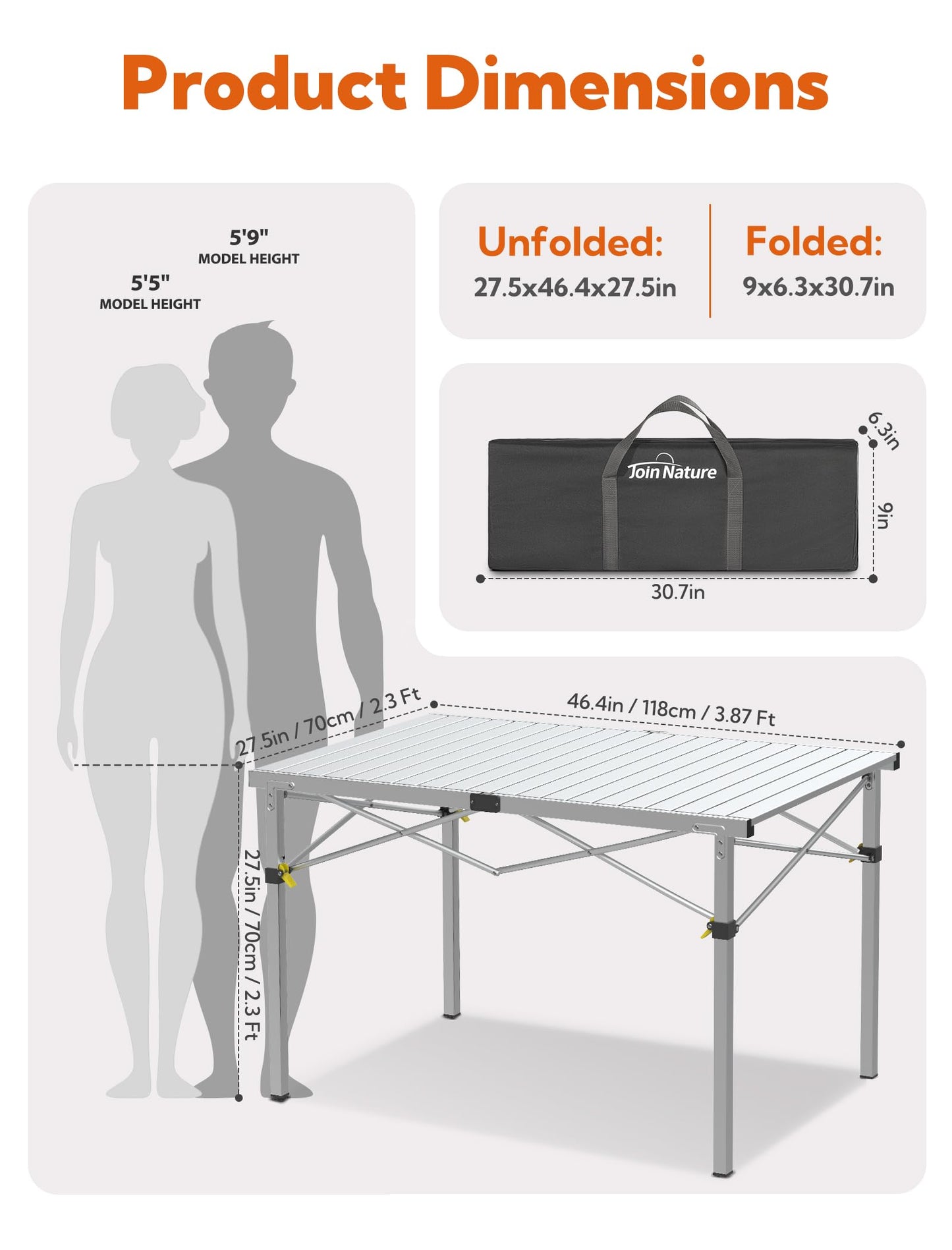 Large 46.4" Camping Table for 2-6 People - 220lbs Capacity Heavy Duty Foldable Outdoor Table with Aluminum Roll-Up Top & Carry Bag, Portable Picnic Desk for BBQ, Tailgating, Backyard (Silver)