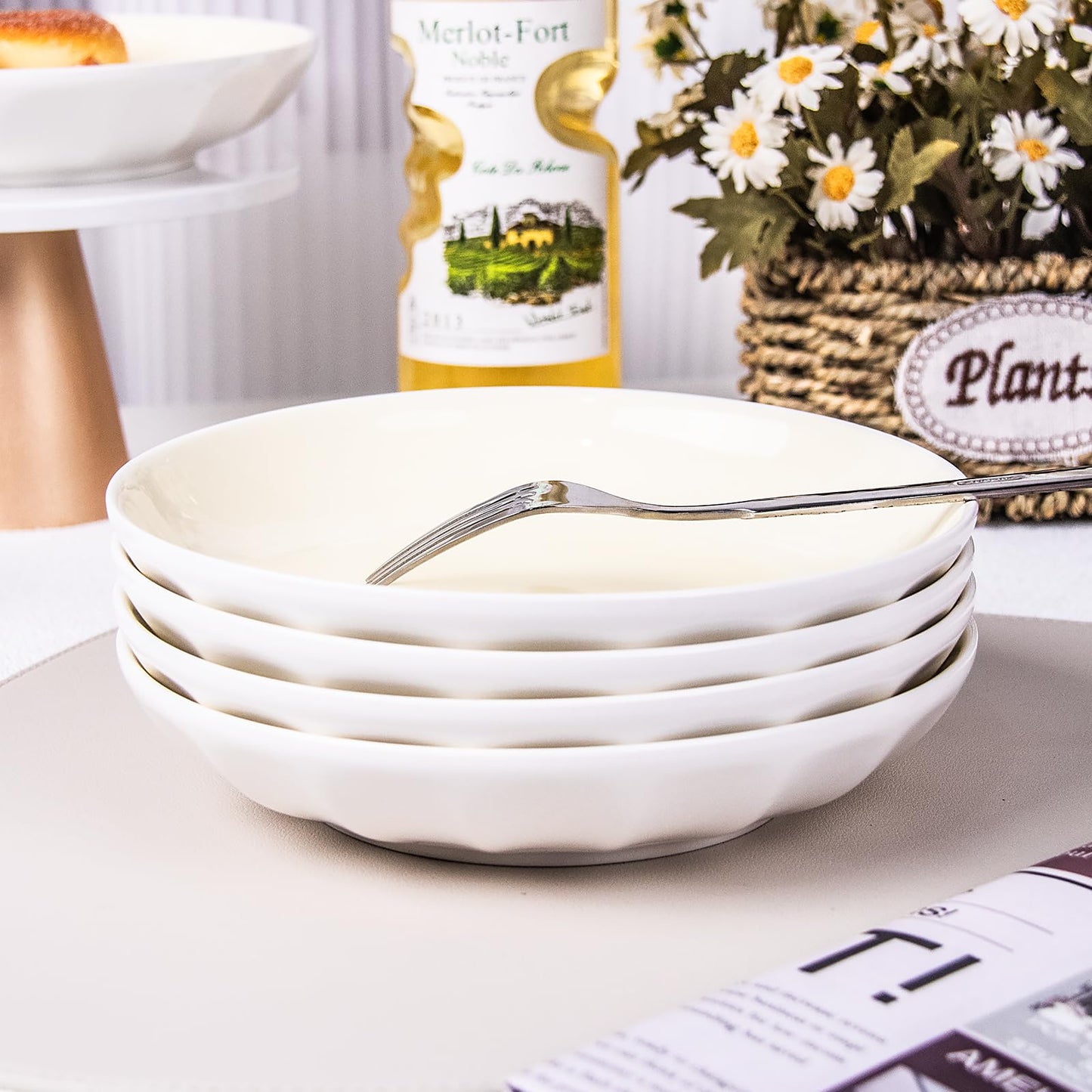 Anveena 8 Inch Porcelain Dinner Plates Set, Cream yellow Salad Serving Plates, Set of 6 - Microwave, Oven, Dishwasher Safe, Scratch-Resistant