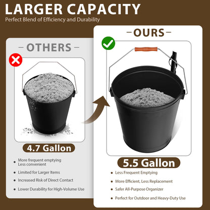 F2C 5.5 Gallon Large Ash Bucket with Lid and Shovel Fireplace Tool Set,Galvanized Metal Coal and Hot Ash Pail for Fireplace, Fire Pits, Wood Burning Stoves, Grill, Outdoor,Home Black