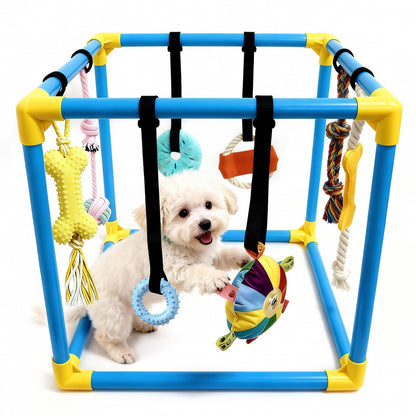 LemSen Puppy Play Gym with 8 Hanging Toys - Indoor Jungle Gym for Small Dogs, Interactive Enrichment Activity Center for Puppies, 19.5" PVC Frame with Teething Squeaky Toys to Keep Them Busy