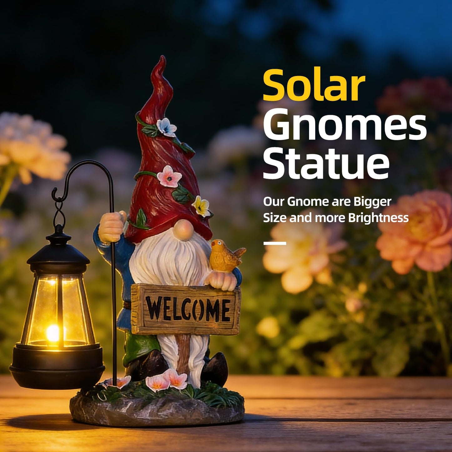 Garden Decor Gnomes Outdoor Statue with Solar Lights-Solar Garden Gnomes Decorations for Patio Lawn Yard Balcony with Lantern,Welcome Sign with Butterfly Flower, Birthday Gifts for Women Mom Grandma