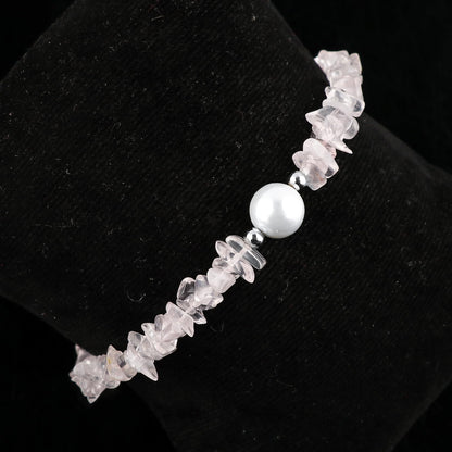CRYSTALIS Natural Rose Quartz Beads Slider Bolo Bracelet with Elegant Pearl, High Grade Nuggets Crystal, Chakra Healing Gemstone, Gift Giving Women Jewelry, 925 Sterling Silver Slider 10 inch