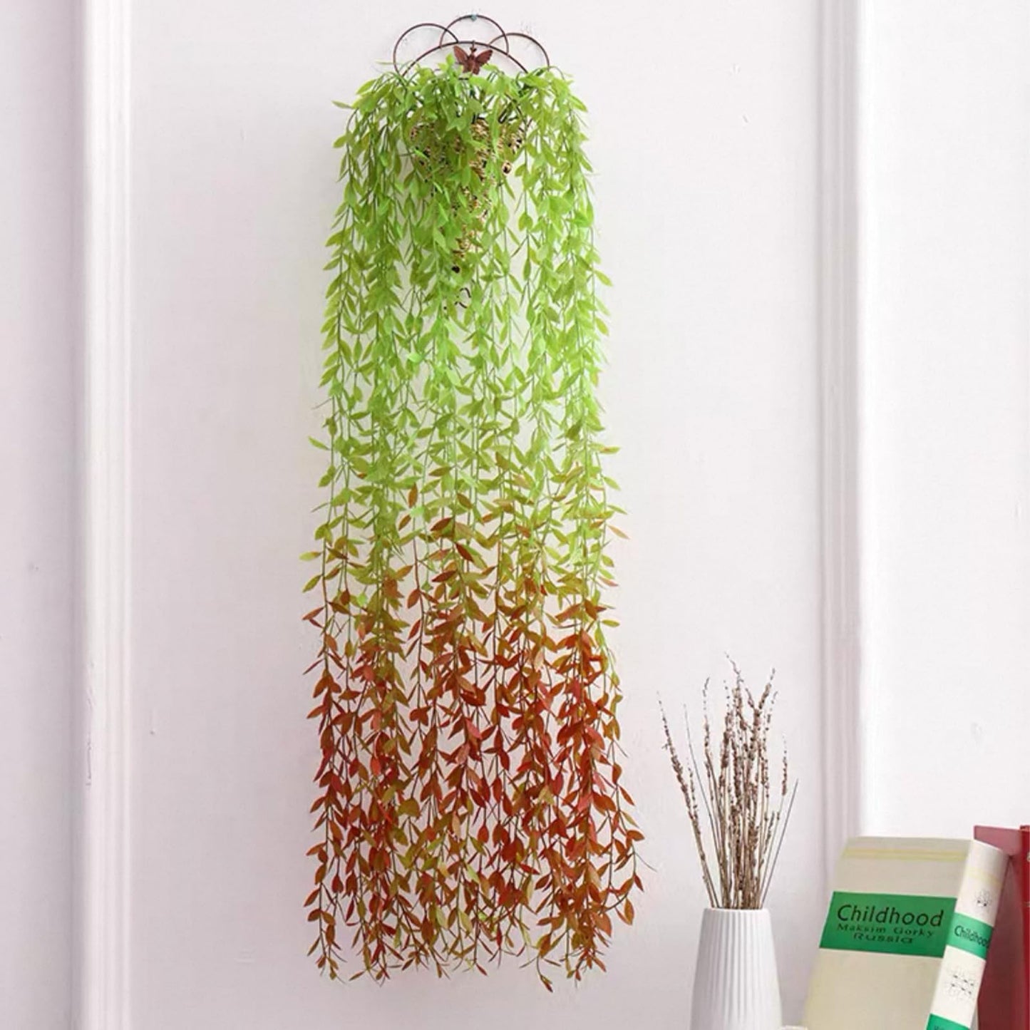 AQUGOO 5 Pcs Artificial Green Leaves Vines,Hanging Plants,Fake Vines Plastic Ivy,Wedding Wreaths, Indoor and Outdoor, Garden,Ladder Stand Decorations (Red-Tailed)