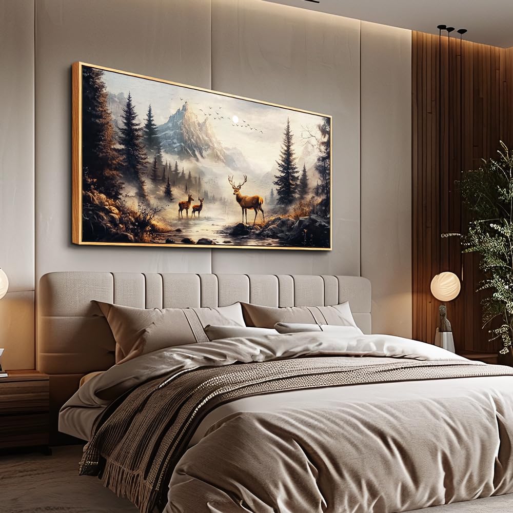 KELIYUAN Large Canvas Wall Decor For Living Room Wall Art For Bedroom Office Murals Landscape Painting Of Elk Mountain Wall Pictures Restaurant Room Modern Home Decoration Wood Framed 24"X48"