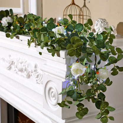 2 Pieces 6.5 ft Eucalyptus Garland with 20 LED Light Bar and Rose Flowers Artificial Eucalyptus Flower Vines for Wedding Arch Party Tables Centerpiece Backdrop Party Decor