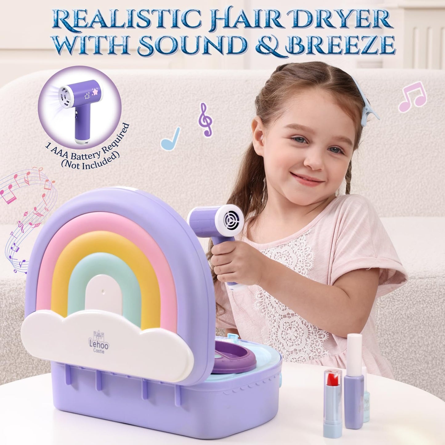 Lehoo Castle Toddler Vanity with Makeup Set, Portable Makeup Vanity for Girls with Lights Music Electric Hairdryer, Pretend Play Princess Toys for Dress Up, Birthday Gifts for 3 4 5 Years Old Girls