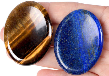 QINJIEJIE 2PCS Worry Stones for Anxiety Tiger's Eye Lapis Lazuli Crystals Hand Carved Thumb Stones Pocket Meditation Oval Shaped Crystal Natural Reiki Relax Palm Stone Gift for Men