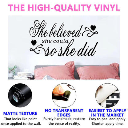 Wall Decals for Women, She Believed She Could so She Did Wall Art, Bedroom Quotes Inspirational Girls Woman Family Living Room Office Gym kitchen Bathroom, Ladies Boss Work Yoga Sports Running Dance Positive, Beauty Salon Make Up Store Sayings Words Life