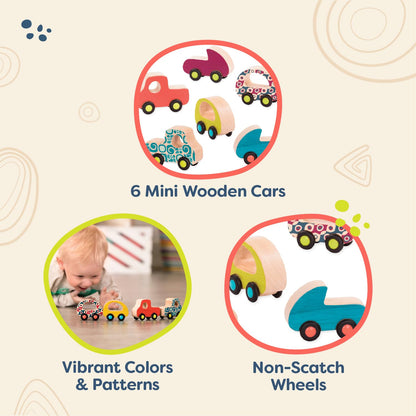 B. toys – Wooden Toy Cars Set with 6 Colorful Vehicles for Kids & Toddlers – Durable Trucks – Easy – Grip Kids Toys for Ages 1+