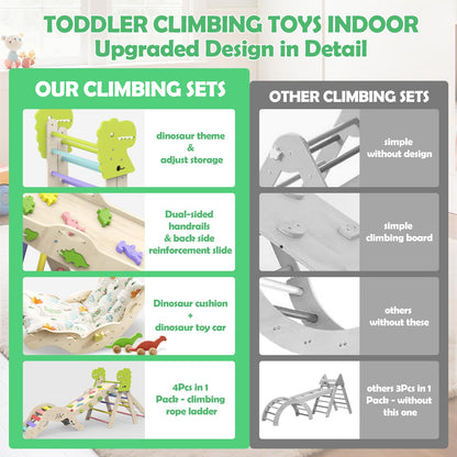 Jasite Pikler Triangle Set with Cushion, 12 in 1 Toddler Montessori Toys Indoor Baby Climbing Gym Pikler Triangle Climbing Set Wooden Toy Climbing Rope Ladder, Shape Sorter, Push Car 【Dinosaur Toys】