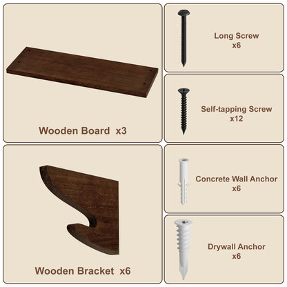 Alsonerbay Wood Floating Shelves for Wall 3 Pack, 17 inch Rustic Wall Shelves with Hook, Decorative Hanging Shelves for Bedroom Living Room Nursery Office and More Light Walnut
