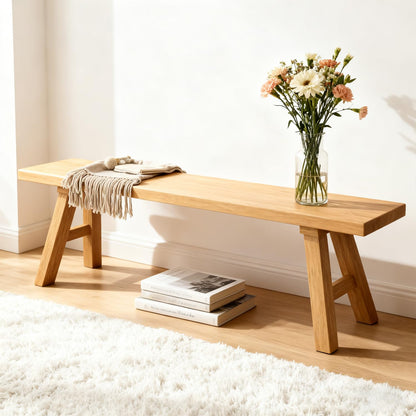 BTUASSDY 47.2" Solid Wood Entryway Bench - Extra Long Elm Wood Farmhouse Dining Bench for Hallway, Bedroom, Kitchen - Antique Natural Finish