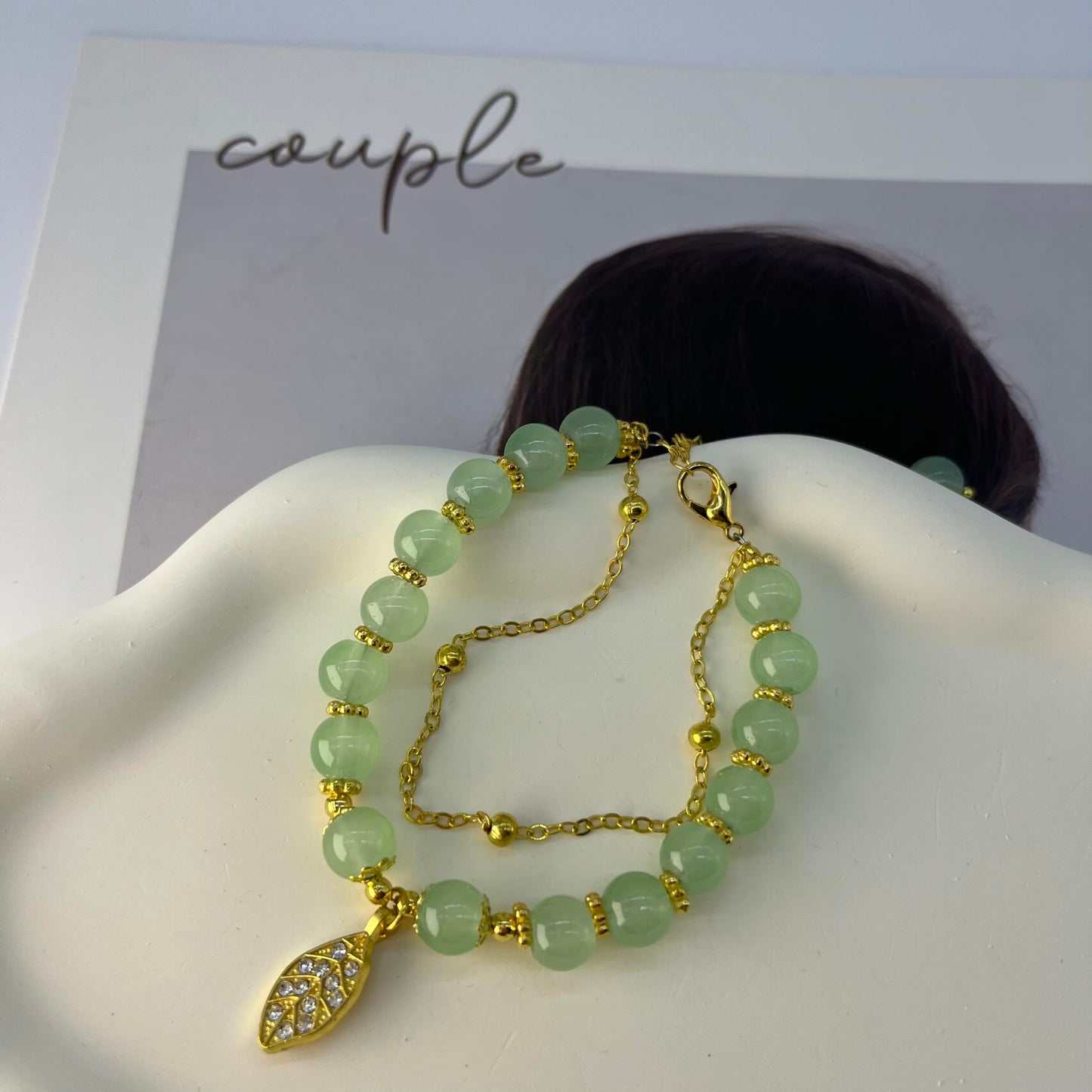 Progresssail Hetian Jade Bracelet for Women Double Layer Green Beaded Monstera Palm Leaf Bracelet Adjustable Classic Bracelet with Zircon Leaf Charm Ladies Jewelry