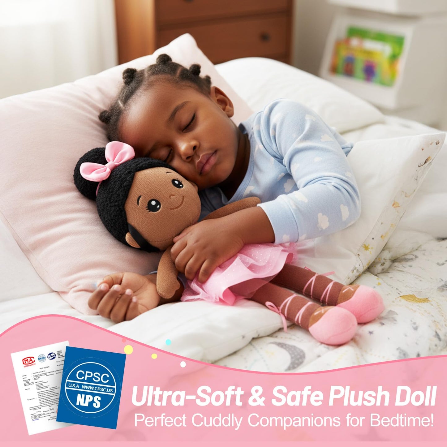 OUOZZZ 12.6" Black Soft Baby Dolls Toys for 1 Year Old Girl Gifts, African American Dolls Birthday Gifts for 1 Year Old Girl Ballerina Doll Plush Toys for Toddler