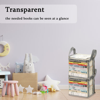 XLANMAY 2PCS Clear Book Storage Bag Plastic Comic Books Organizer Collapsible Book Display Case with Lid and Lifting Handle for Books Used Toys 38x24x32cm/15x9x13inches