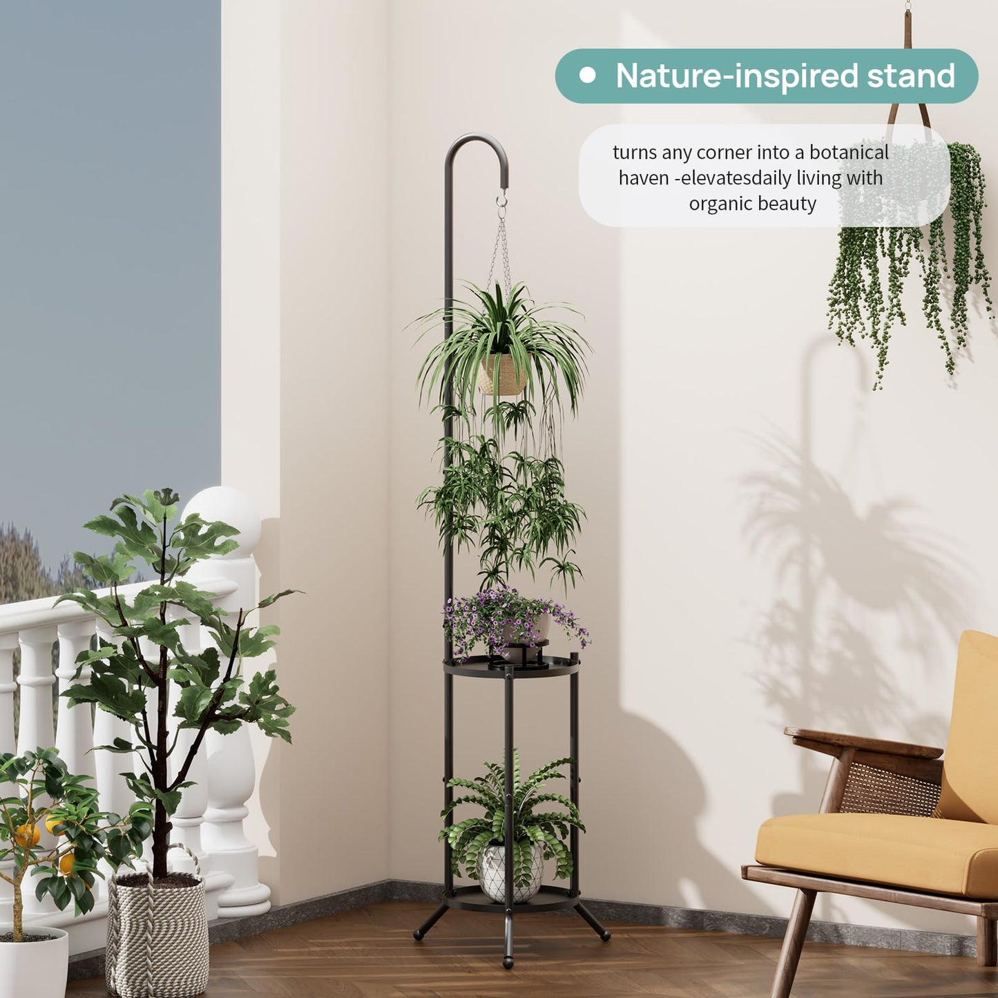 2-Tier Hanging Plant Stand, Black Heavy Duty Metal Planter Rack - Space Saving Indoor/Outdoor Shelves with 41" Hanging Space - Display Multiple Flower Pots, Tall Iron Plant Organizer for Living Room, Patio & Garden