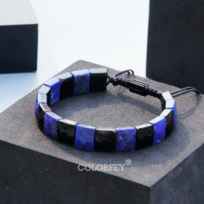 COLORFEY Natural Crytals Mens Beads Bracelet Mens Bracelets Beaded Lapis Lazuli Black Obsidian Trendy Handmade Bracelet, Unique Double Protection Energy Beads Healing Crystals Bracelets for Men