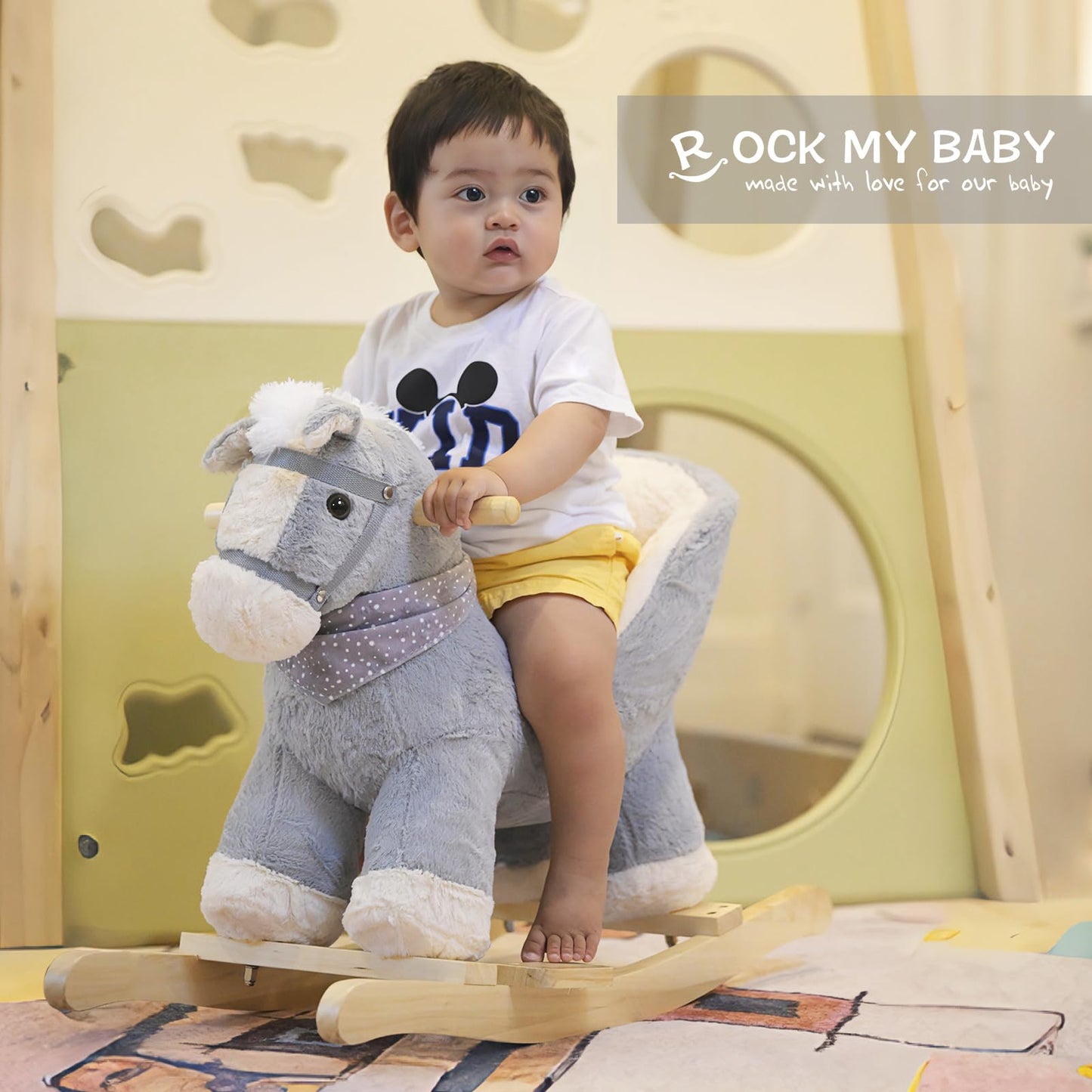 Rock My Baby Rocking Gray Horse with Chair, Plush Stuffed Rocking Pony with Realistic Sound, Baby Rocker Animal for Toddlers 1-3 Ride on,CPC Certified