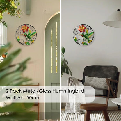 Jusimux Round Flower Wall Art Decor, 2 Pack, Metal and Glass, 9.5 Inch, Outdoor Hanging Decor for Patio, Bedroom, Garden (Hummingbird)