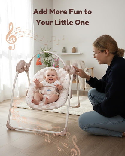 Baby Swings for Infants, Tiny Marvels Portable Swing with Adaptable Speed, Music, Removable-Toy-Bar, Foldable Infant Swing for Indoor and Outdoor Use, 0-9 Months 6-20 lbs(Sander Checker)