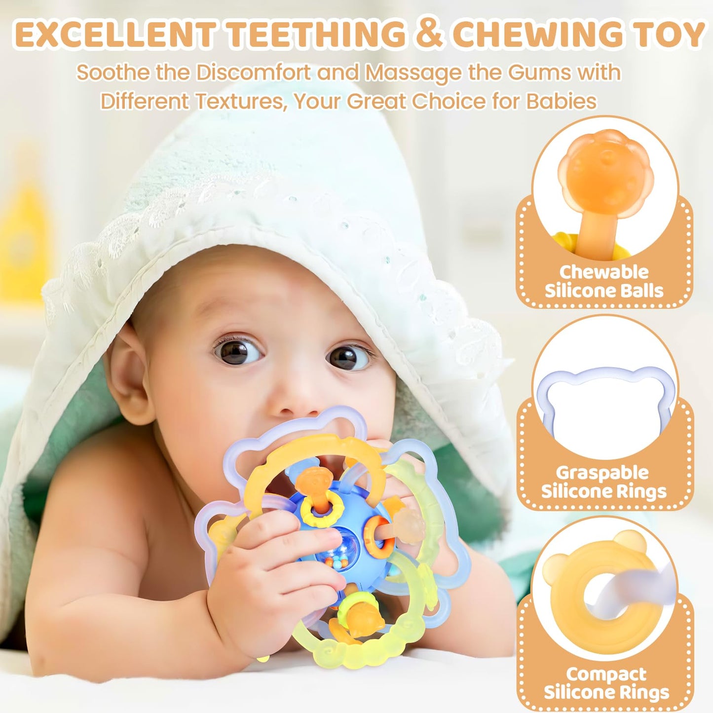 Baby Sensory Teething Toys, Baby Montessori Teether Toys for 0 3 6 9 12 18 Months, Silicone Tummy Time Toy with Rattle Ball for Newborn Infant, Learning Delopmental Gift for Boys Girls, Blue