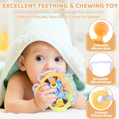 Baby Sensory Teething Toys, Baby Montessori Teether Toys for 0 3 6 9 12 18 Months, Silicone Tummy Time Toy with Rattle Ball for Newborn Infant, Learning Delopmental Gift for Boys Girls, Blue