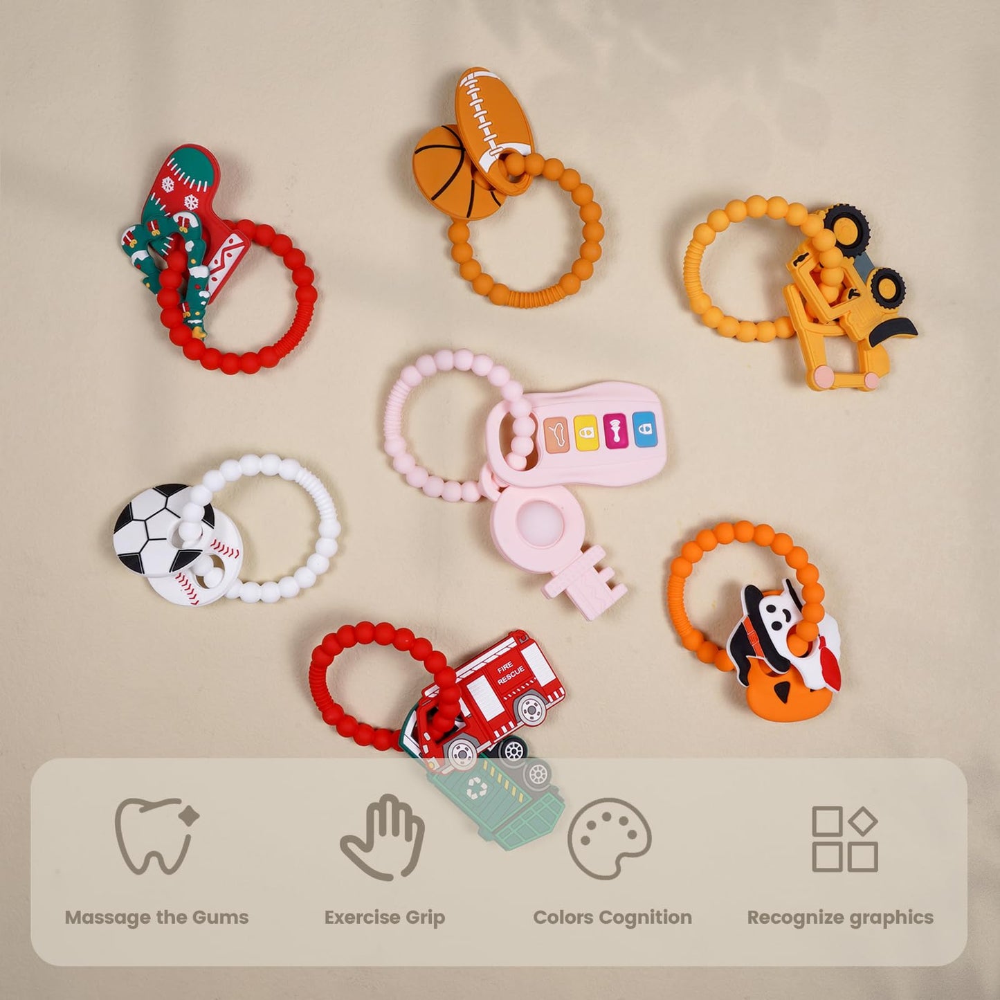 Silicone Baby Ring Toy with Basketball,American Football Teethers,Must Haves Teething Relief Chew Toys for 3-6,6-12 Months Boys and Girls,Newborns Essentials,Safe and Soft,BPA Free.