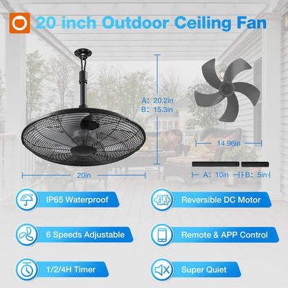addlon Outdoor Fans for Patios, 20 inch IP65 Waterproof Gazebo Fan Remote&APP Control, 6 Speeds, Quiet, DC Motor, Plug in Ceiling Fan with Hook Hanging Caged Fan for Pergola Porch Canopy Backyard