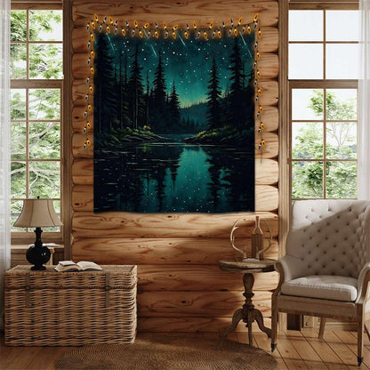 Mystical Enchanted Forest Tapestry Aesthetic Wall Hanging Tapestries Wall Decor Moody Night Sky with Meteor Showers over Lake for Bedroom Living Room Dorm Gallery (WCDOY53,40" L x 30" W)