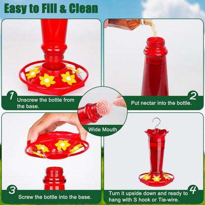 Gbekery 10 OZ Glass Hummingbird Feeders for Outdoors Hanging - Red 2 Pack, Ant & Bee Proof and 6 Feeding Ports, Garden Yard Décor Gifts for Mom