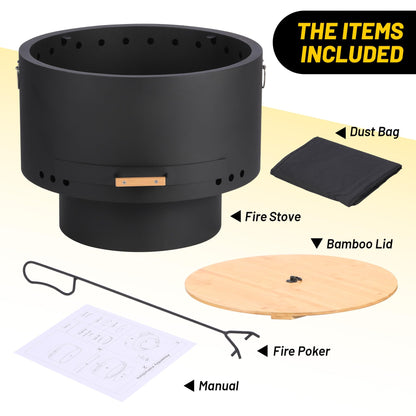 Garvee 26 in Smokeless Fire Pits, Wood Burning Firepits with Fire Poker, Outdoor Portable Fire Pits with Removable Ash Pan and Hardwood Top, Backyard Fireplace for Camping, Picnic and