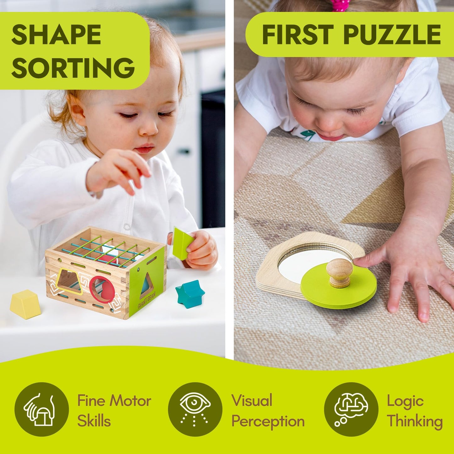 Giant bean Montessori Toys for Baby, 6-in-1 Wooden Early Education Learning Toys with Sensory Teething,Object Permanence Box,Shape Sorting Stacking Ring,Mirror Puzzle,Christmas Toy for Kid 1 2 3
