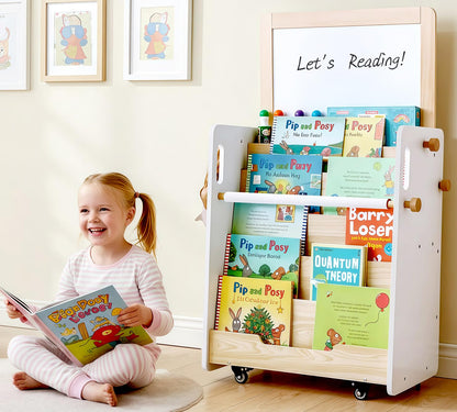 Kids Bookshelf & Easel & Toys Storage Organizer with Wheels, 3-in-1 Wooden Art Easels with Chalkboard & Whiteboard for Toddlers, 5-Tier Montessori Book Shelf for Kids Rooms, Bedroom, Nursery, Playroom