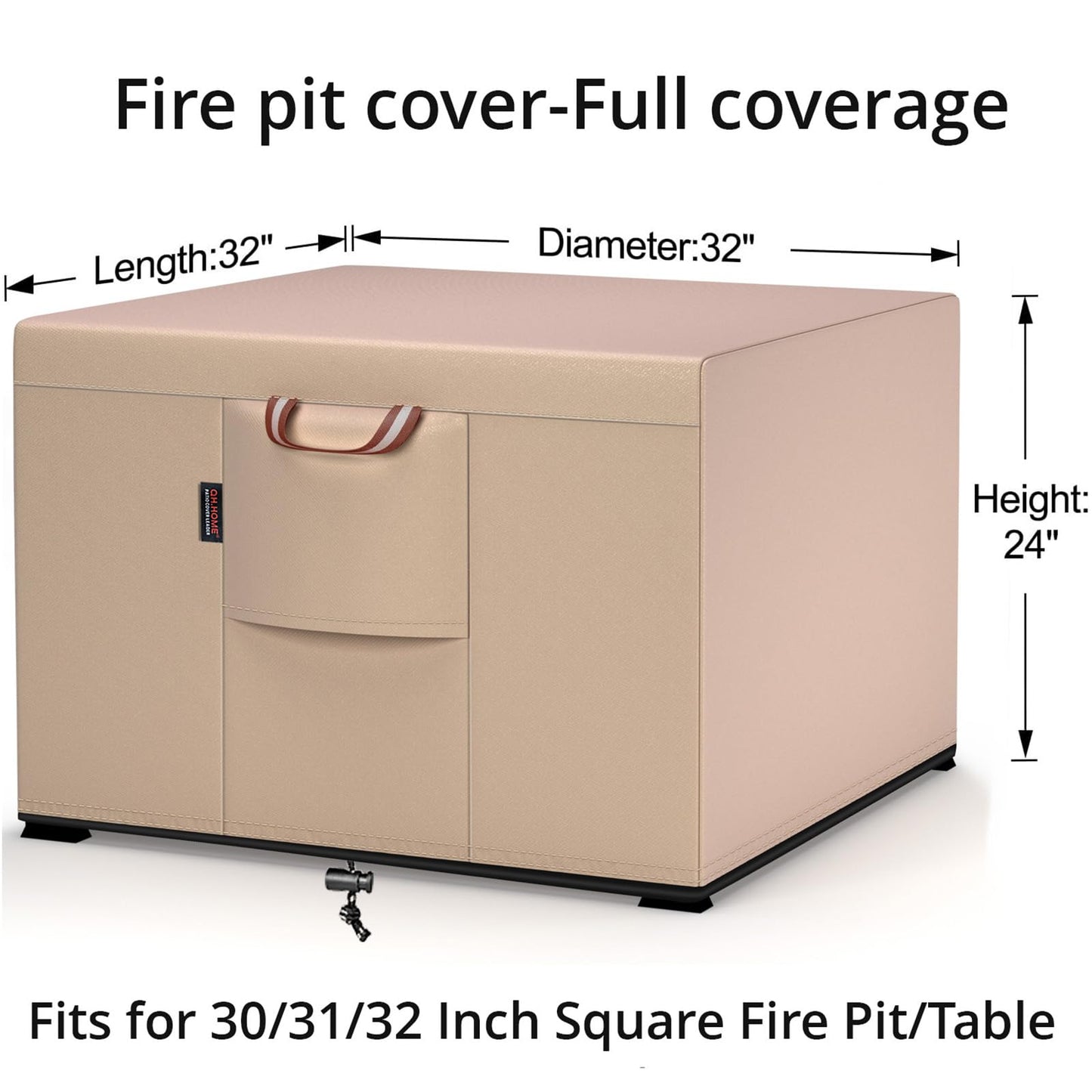 QH.HOME Fire Pit Cover Square-29-32 Inch Heavy Duty 900D Strong Tear-Resistant and UV Resistant and Waterproof and Fading Resistant Material Polyester Firepit Covers for Outdoor Fire Table-Wheat