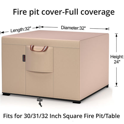 QH.HOME Fire Pit Cover Square-29-32 Inch Heavy Duty 900D Strong Tear-Resistant and UV Resistant and Waterproof and Fading Resistant Material Polyester Firepit Covers for Outdoor Fire Table-Wheat