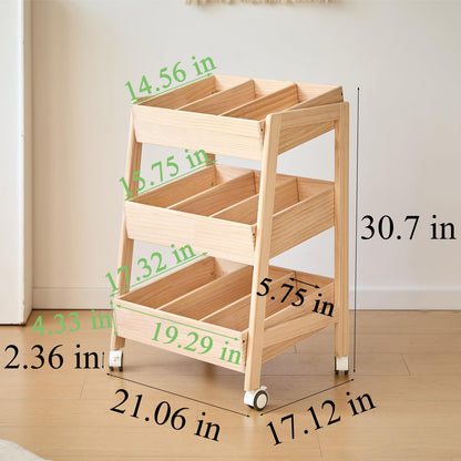 HaoGZMZFCL 3 Tier Wooden Toy Storage Organizer with Wheels for Toy Book Wood Storage Rack Open Display Shelf Kids Gift Natural