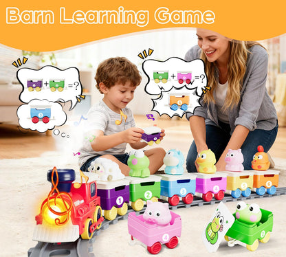 Toddler Train Track Toys,Electric Farm Animal Train Set, Realistic Steam Lights Sound, Interactive Boy Gift Toy, Animal Finger Play, Barn Number Game，Educational Gifts for Smart Kids 1 2 3 Years Old