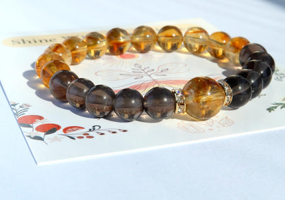 Handmade Genuine Citrine&Smoky Quartz Beads Bracelet, ABUNDANCE GROUNDING STONE Healing Crystals Birthstone Chakra Adjustable Stretch Bangle Cuff Jewelry Gift for Women Men