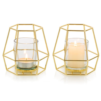 Nuptio Geometric Tealight Candle Holder Gold - Candle Holders for Pillar Candles Set of 2 Tea Light Candle Holders Set Metal Candle Stand Table Centerpiece for Wedding Party Cafe Bar Home Decor