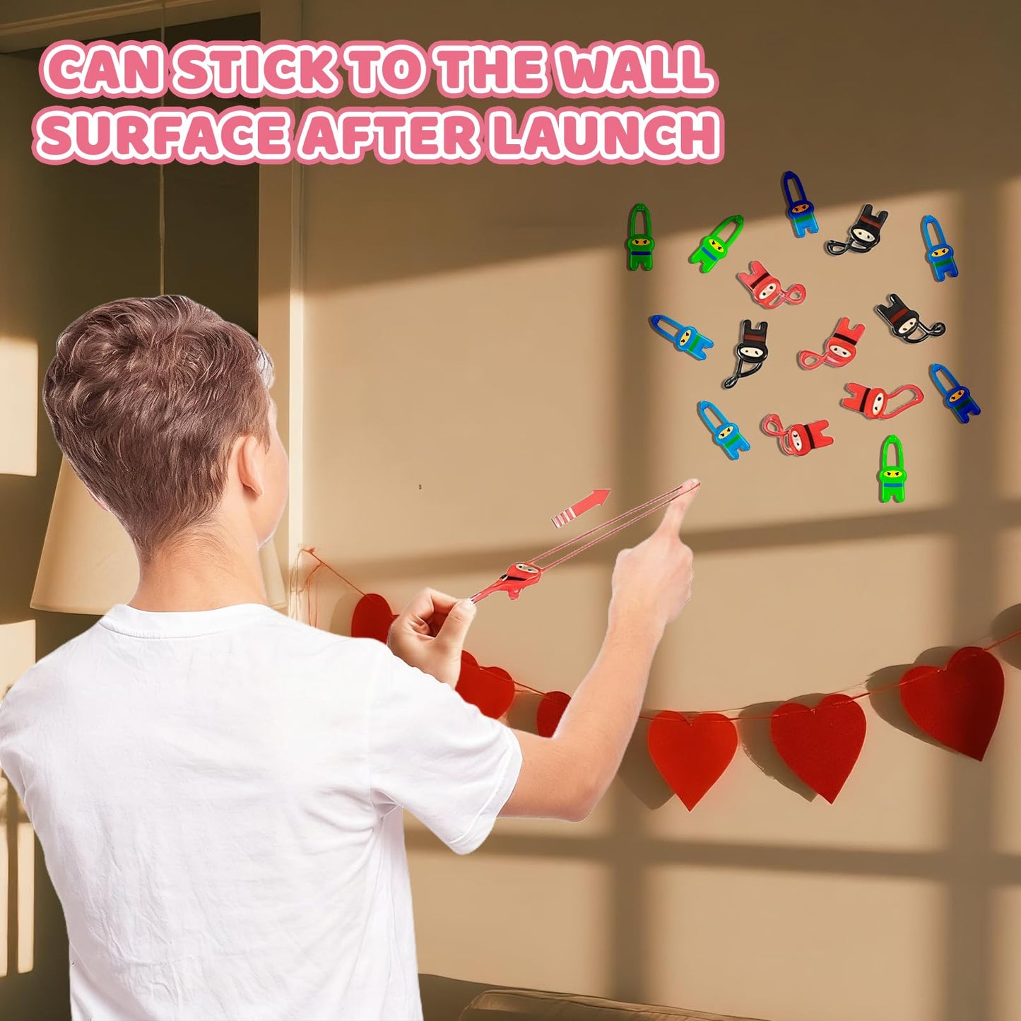 HFZCZW Valentines Day Cards for Kids,24 Pack Ninja Sticky Stress Relief Tricky Toys with Valentines Flying Elastic Slingshot Ninja Toys,Valentine Exchange Gift for Kids Girls