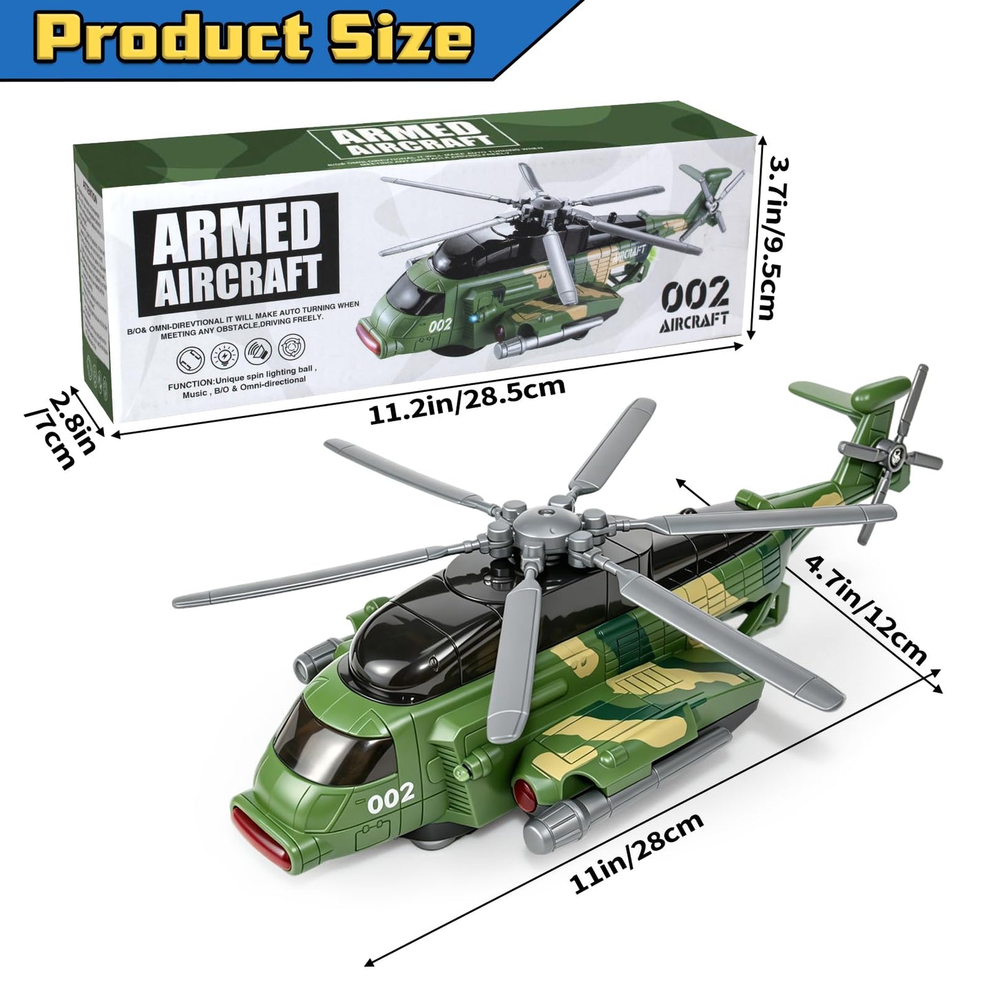 Hymaz Helicopter Toy for Kids 3-5 4-7, Army Military Plane Toy with Lights and Music, 360° Rotating, Bump and Go Airplane Toys for Boys Girls Toddlers Indoor Play Birthday Easter Gifts
