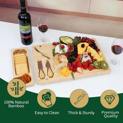 Premium Bamboo Cheese and Charcuterie Board Set - Large Wooden Serving Tray with Hidden Knife Storage, Cheese Knives & Forks - Perfect for Cheese, Meats, Fruits - Ideal Gift for Parties & Holidays