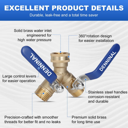 Denninal Brass Garden Hose Splitter 2 Way Heavy Duty with 304 Stainless Steel Long Handle, Outdoor Full Flow Hose Bib Splitter Connector, Y Valve 3/4 Inch GHT Thread