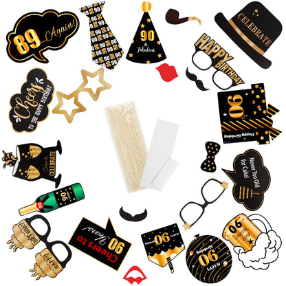 LINGTEER Happy 90th Birthday Party Photo Booth Props,Cheers to 90th Birthday Ninety Years Old Bday Party Centerpieces Props Decorations Sign.