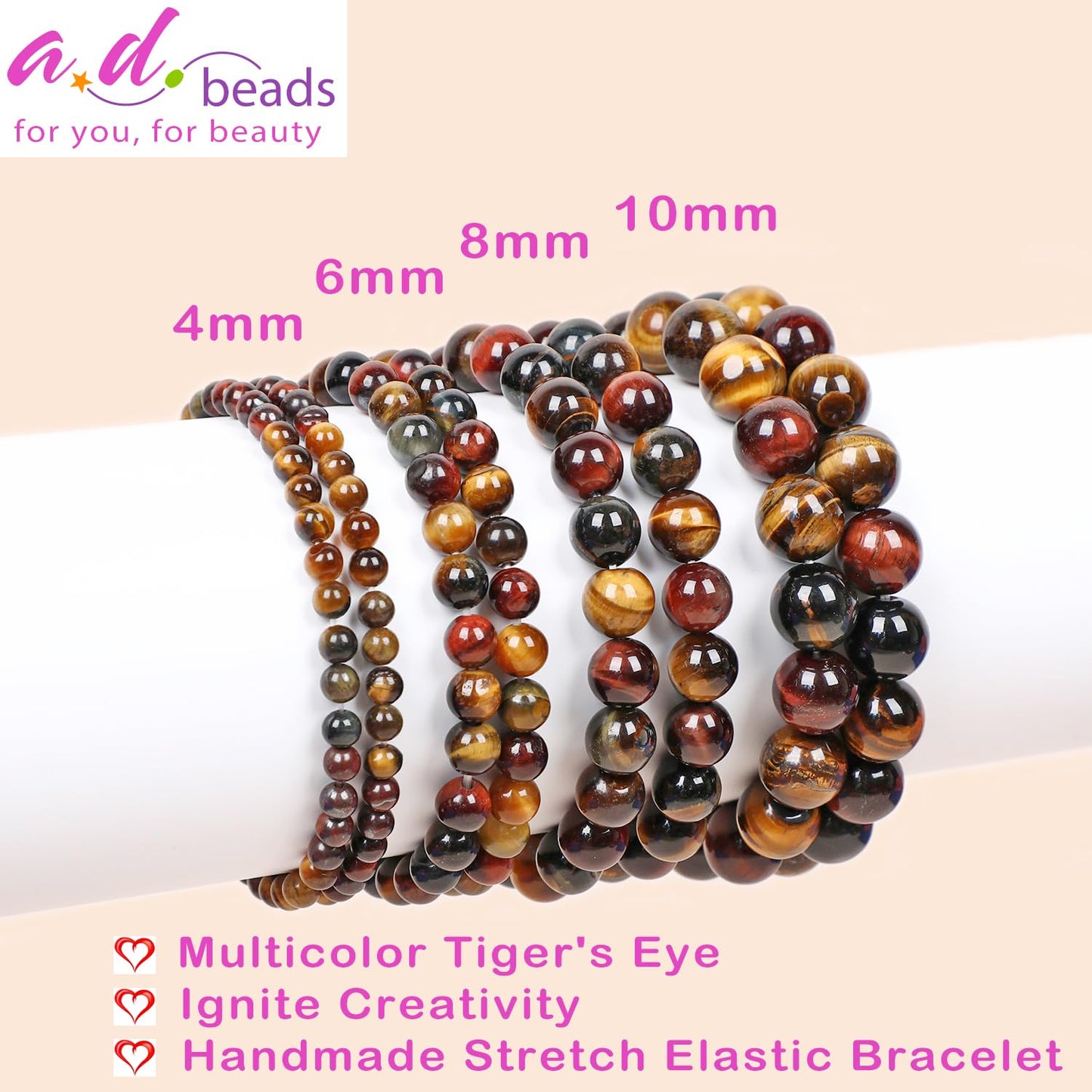 AD Beads Handmade Gemstone Stretch Elastic Bracelet Crystal Healing Reiki Nature's Beauty and Spiritual Essence Unisex (8mm, Multicolor Tiger's Eye (Ignite Creativity))