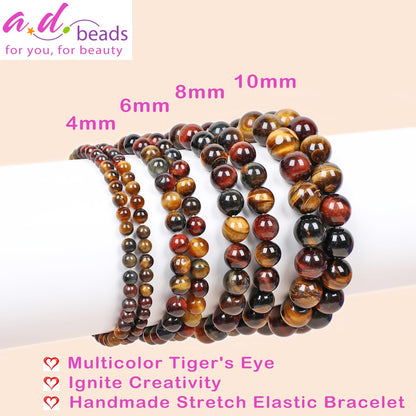 AD Beads Handmade Gemstone Stretch Elastic Bracelet Crystal Healing Reiki Nature's Beauty and Spiritual Essence Unisex (8mm, Multicolor Tiger's Eye (Ignite Creativity))