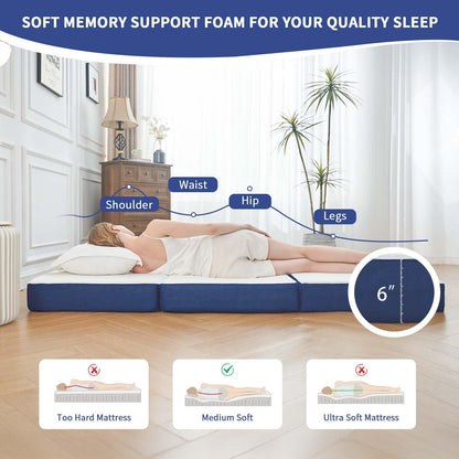 Folding Mattress Twin, 6 Inch Memory Foam Tri-Fold Floor Bed and Futon , Twin Topper with Breathable & Washable Cover, Supportive Foldable Mattress for Guest Bed, Office Nap,Camping, (38" x 75" x 6")