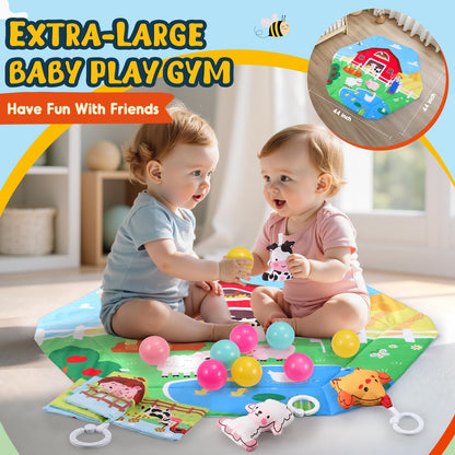 Farm Animal Baby Gym Play Mat, 9-in-1 Tummy Time Mat with 7 Baby Toys, Washable Baby Activity Mat for Visual, Sensory, Motor Development, Newborn Baby Toys Gift for Toddler 0-3-4-6-9-12 Months