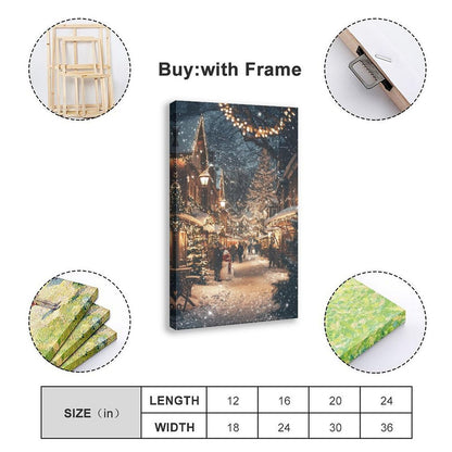Festive Winter Town Wall Art – Snow Covered Village, Holiday Lights And People Poster Print for Teen Boys Room Wall Art Canvas Painting Print 12x18inch(30x45cm)